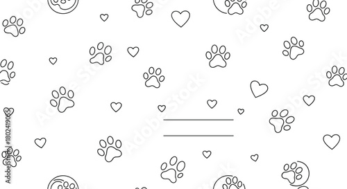 Seamless pattern featuring delicate gray paw prints and hearts on a clean white background, ideal for pet-themed designs and backgrounds.