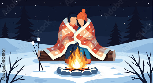 Romantic winter scene of a couple wrapped in a warm blanket, cuddling by a campfire in a snowy forest at night, roasting marshmallows.