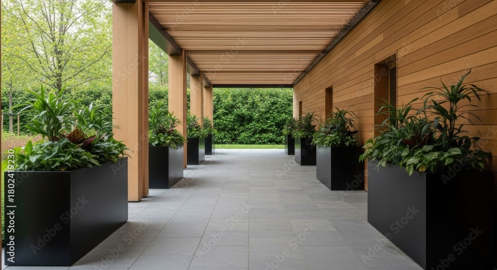 Fototapeta premium Modern outdoor corridor with potted plants and wooden architecture in a serene garden setting