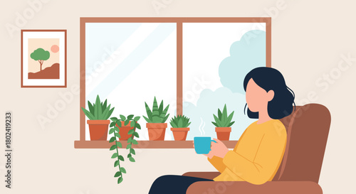 Illustration of a woman relaxing in a cozy armchair, enjoying a hot drink while looking at her collection of houseplants on the windowsill.