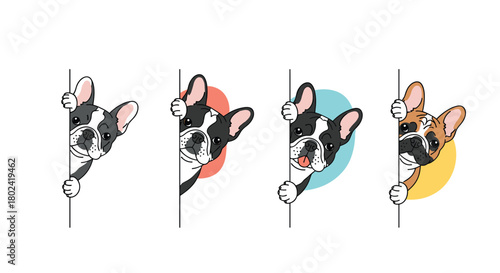 Adorable french bulldog peeking over a wall with playful expressions and colorful backgrounds, a charming illustration for pet lovers and design projects.