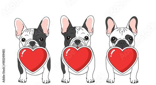 Adorable french bulldogs holding red hearts in their mouths, a charming illustration perfect for valentine's day or expressing love and affection.