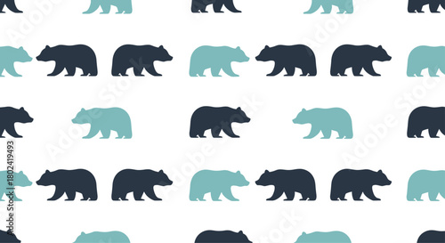 Seamless pattern featuring silhouettes of bears in varying shades of blue and gray against a clean white background, creating a playful and natural design.