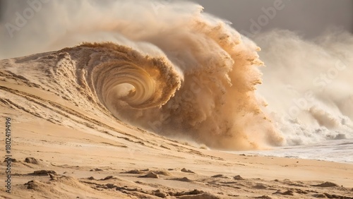 Fototapeta Naklejka Na Ścianę i Meble -  Powerful ocean wave crashing onto a sandy beach with swirling foam and spray creating a dramatic natural spectacle