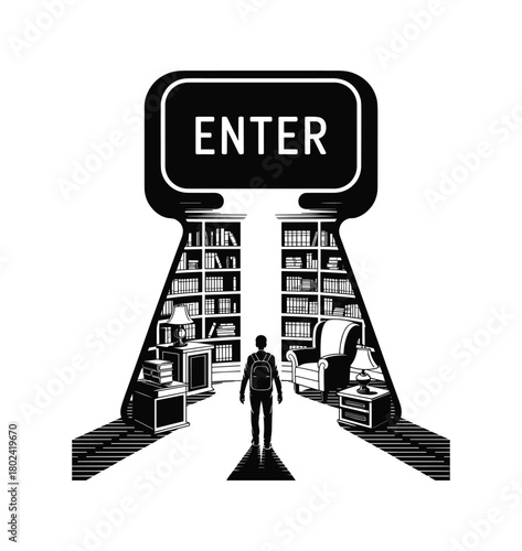 Person with backpack walks towards a sign that says enter surrounded by bookshelves and furniture.