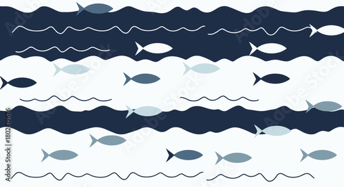 A seamless pattern of stylized fish swimming amongst gentle waves in shades of blue and white creates a calming nautical background for various design projects.