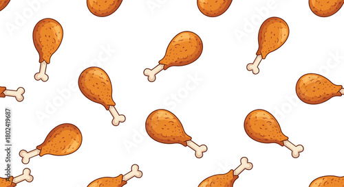 Seamless pattern featuring cartoon-style fried chicken drumsticks on a white background, perfect for food-related designs and playful illustrations.