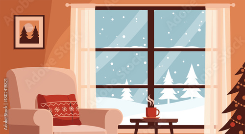 Cozy living room interior with a view of a snowy winter landscape through the window, featuring an armchair and a steaming mug.