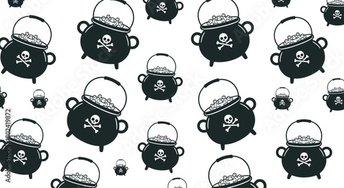 Seamless pattern featuring black cauldrons filled with bubbling potions and adorned with skull and crossbones motifs, perfect for halloween designs.