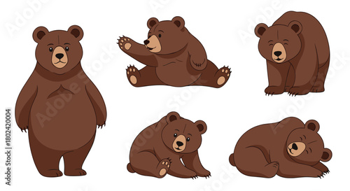 Charming collection of cartoon brown bears in various playful poses, showcasing different expressions and activities, perfect for children's illustrations and designs.