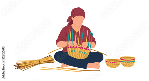 Illustration of a person sitting cross-legged and focused on the traditional craft of weaving a colorful basket from natural straw materials.