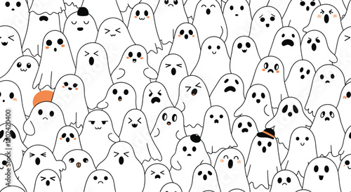 A whimsical collection of cute cartoon ghosts with varying expressions fills the frame, creating a playful and spooky halloween scene for festive designs.