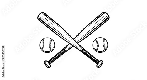 Vintage crossed baseball bats and balls illustration in black and white, a classic sports emblem perfect for teams, leagues, or retro designs.