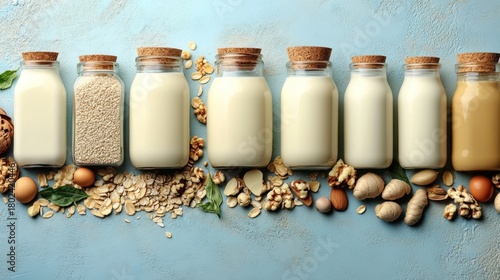 Plant based milk bottles on a blue background, surrounded by grains and nuts