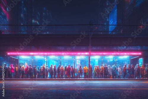 Neon-lit urban scene bustling with diverse crowd waiting at station