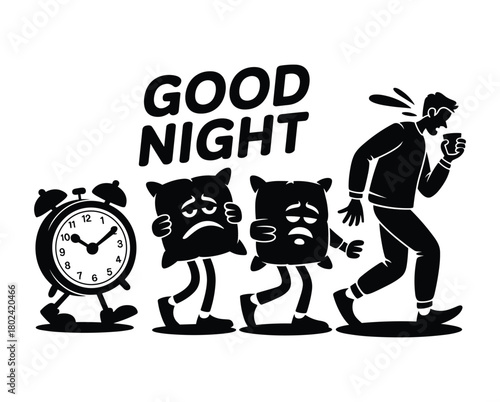 Sad pillows and tired man walking with alarm clock vector.