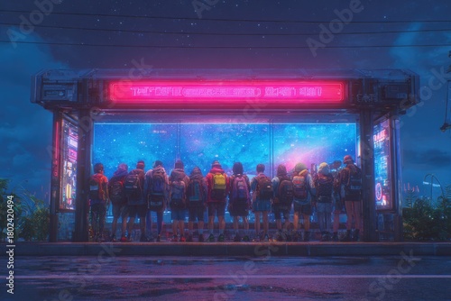 Illuminated bus stop scene with vibrant colors and futuristic atmosphere, people waiting