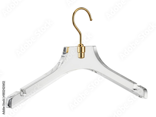 Transparent acrylic clothes hanger with a shiny gold metal hook on a transparent background