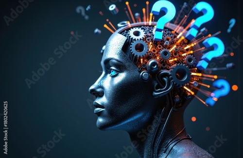 Woman with a futuristic head featuring gears and question marks representing artificial intelligence and curiosity