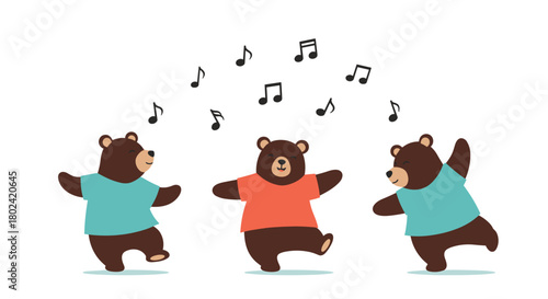 Three adorable brown bears joyfully dance to upbeat music, creating a whimsical and cheerful scene perfect for children's illustrations or playful designs.