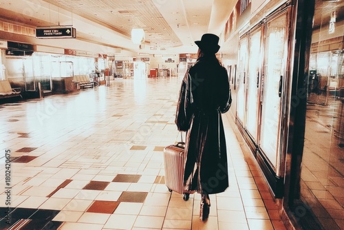 lone traveler walks through deserted terminal, exuding mystery and anticipation