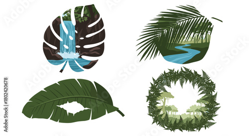 Creative set of double exposure style illustrations where tropical leaves like monstera and palm reveal jungle landscapes with rivers and waterfalls.