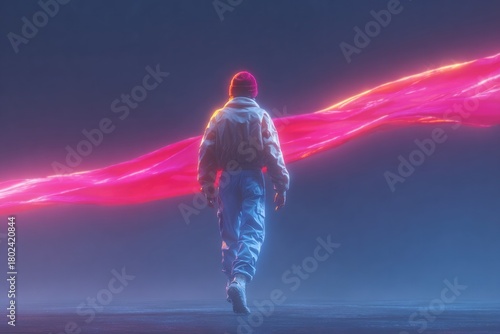 Walking figure in neon glow, surrounded by vibrant, flowing light trails
