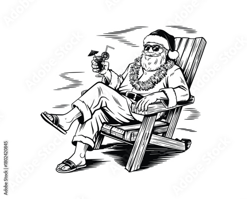 Santa claus relaxing in a lounge chair holding a tropical drinking holiday.