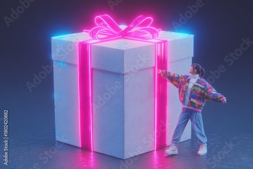 Brightly lit gift box with neon ribbons and playful character interacting joyfully
