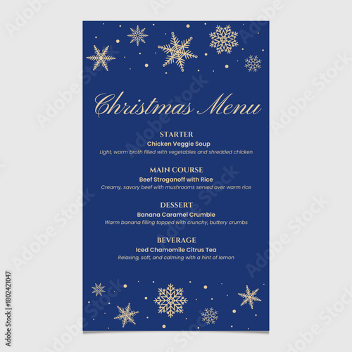 Christmas menu template with snowflakes in blue gold theme. Vector illustration restaurant or cafe set menu with starter food, main course, dessert and beverage.