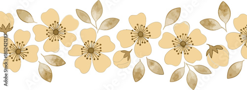 Delicate watercolor floral border with soft yellow blossoms and muted green leaves