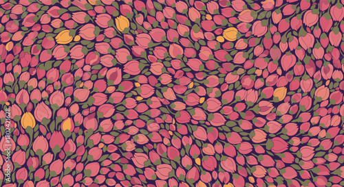 Seamless floral pattern with a dense arrangement of stylized pink and yellow flower buds and small green leaves on a dark background.