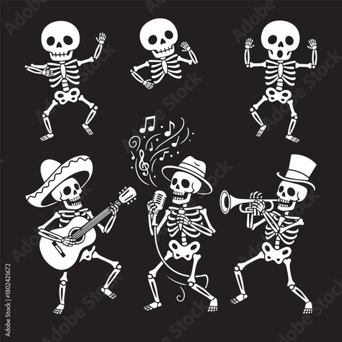 A festive group of cartoon skeletons is seen dancing and playing musical instruments in a mariachi band vector illustration.