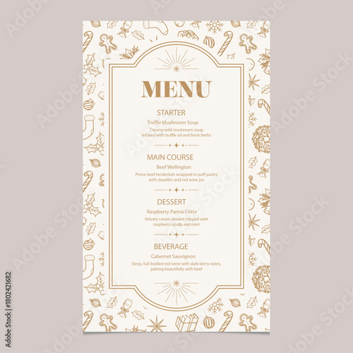 Christmas menu template with pattern in white gold theme. Vector illustration restaurant or cafe set menu with starter food, main course, dessert and beverage.