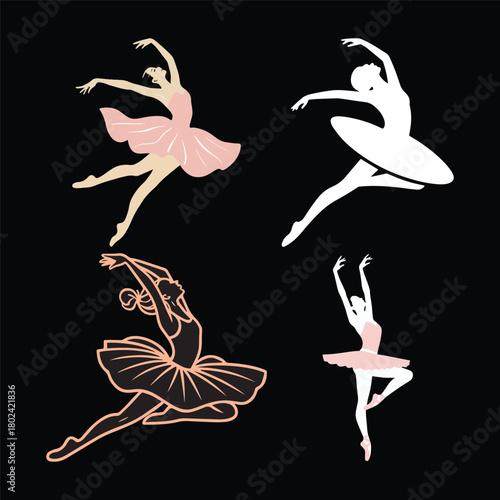 A collection of four graceful ballerinas in elegant dance poses, wearing pink and white tutus vector illustration.