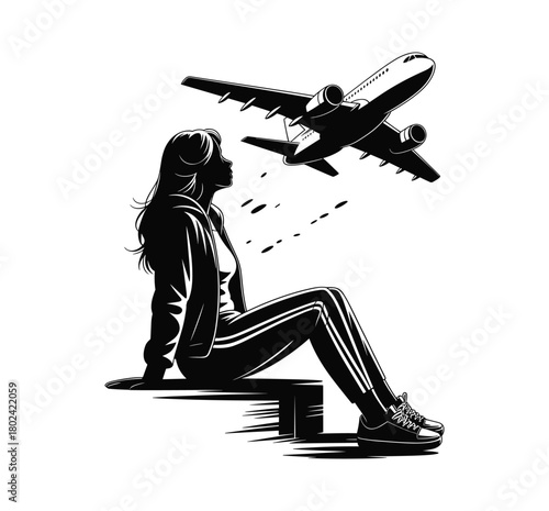 Silhouette woman watching airplane fly overhead flying.