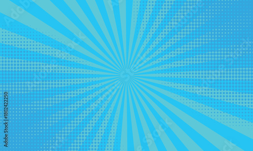 Comic book halftone background. Blue sun pop art retro rays background.