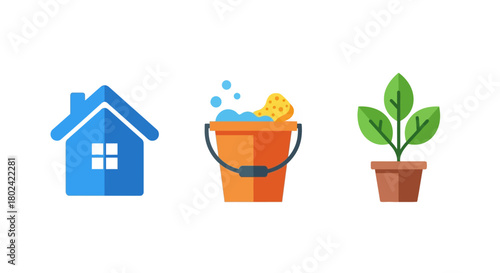 Cleaning and gardening flat icons: home, bucket, and potted plant