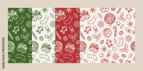 Set of hand-drawn christmas seamless pattern in red, green and white background. Vector illustration christmas pattern for background, wallpaper, wrapping and textile.