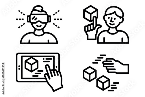 Illustrations depicting virtual reality and digital interaction with cubes.
