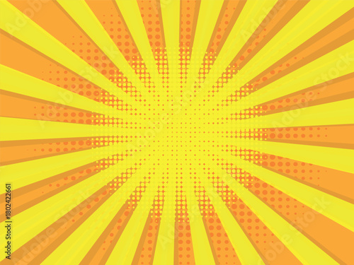 Comic book halftone background. Yellow orange sun pop art retro rays background.