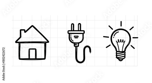 Minimalist energy concepts with home, plug, and light bulb icons on grid background