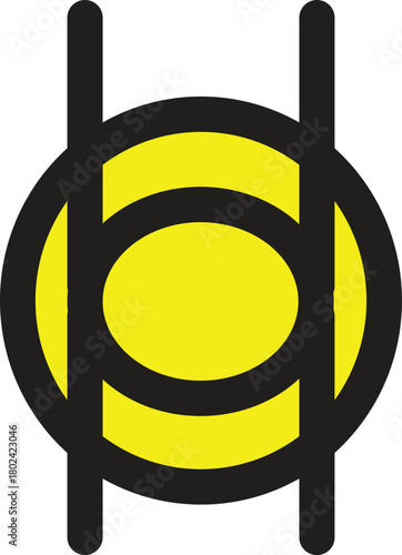 A bold, modern icon or logo featuring a yellow circle intersected by two thick vertical black lines. The design includes C-shaped black elements within the circle, creating a balanced, symmetrical.