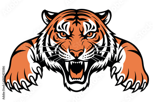 An aggressive tiger lunges forward with bared teeth and claws