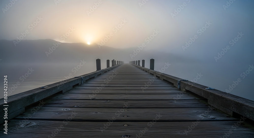 Fototapeta premium Tranquil scene of a wooden pier stretching into a misty lake at sunrise, evoking a sense of peace and serenity in natures embrace
