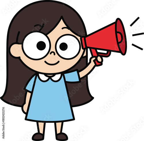 Cute cartoon illustration of a little girl with big eyes, holding a red megaphone to shout an announcement, isolated vector character.