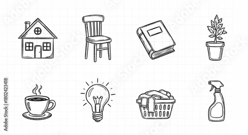 Hand drawn home and lifestyle icons on grid paper background