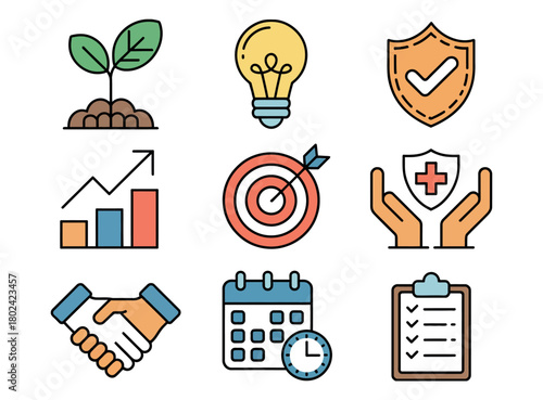 A collection of flat design icons representing business growth, ideas, security, and success.
