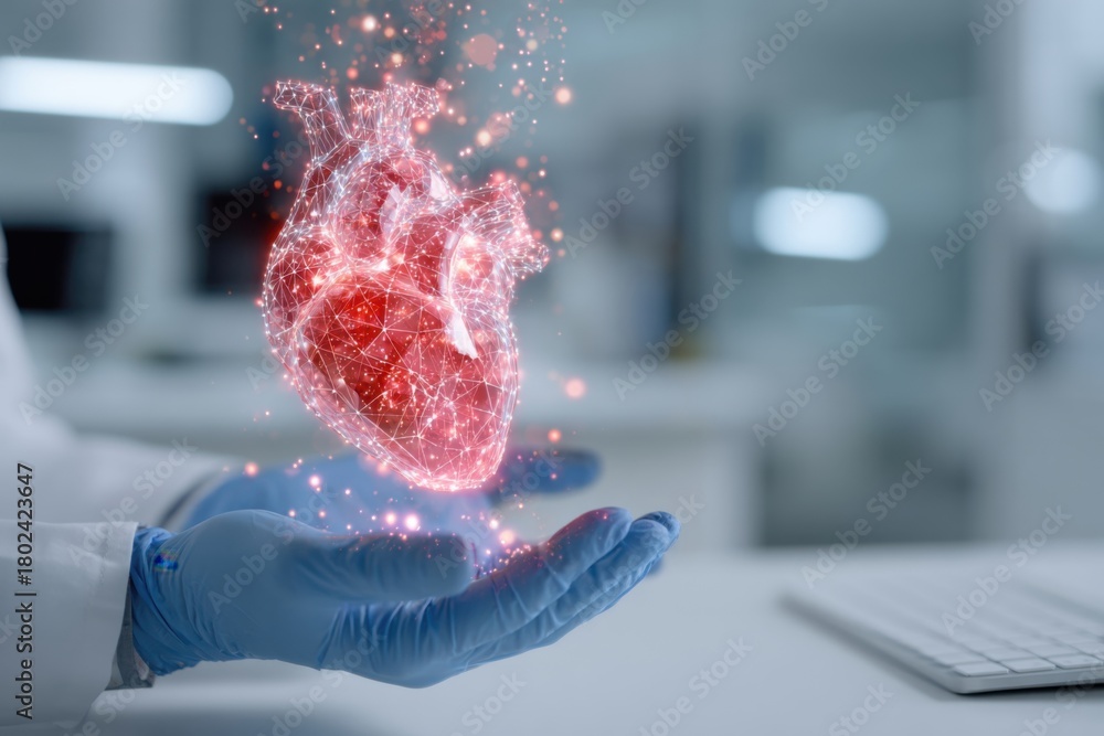 Fototapeta premium A hologram in the form of a heart in the hands of a doctor. Technologies and innovations in the prevention and treatment of cardiovascular diseases. Heart donation and transplantation. Selective focus