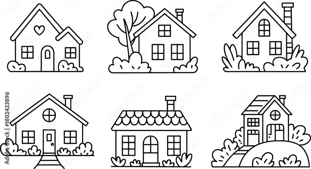 Fototapeta premium Hand-drawn house illustrations, black and white sketch, architectural styles, cartoon homes, landscape elements, creative design, doodle art, building concept
